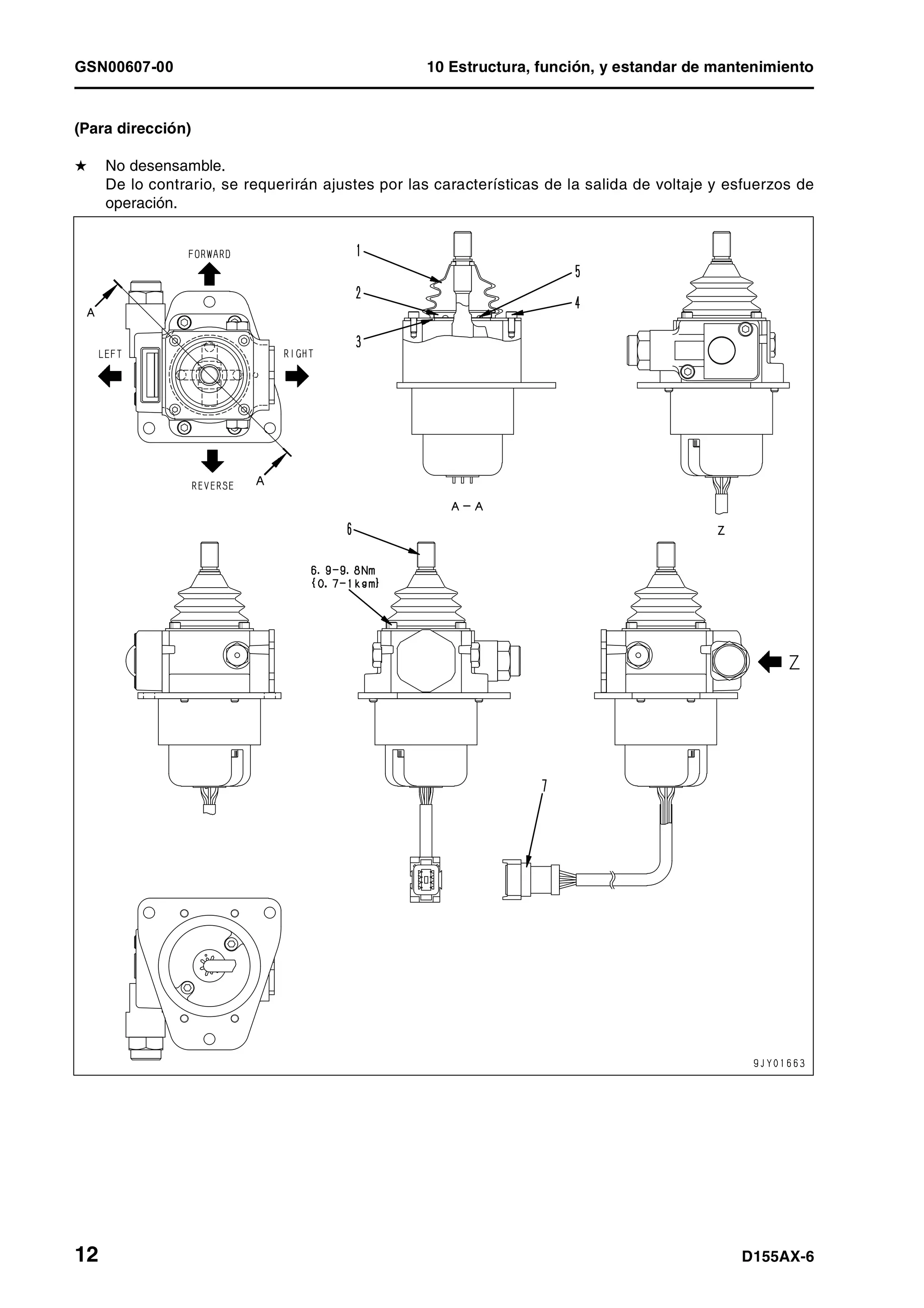GSN00607-00 10 Estructura, función, y estandar de mantenimiento
12 D155AX-6
(Para dirección)
H No desensamble.
De lo contrario, se requerirán ajustes por las características de la salida de voltaje y esfuerzos de
operación.
 