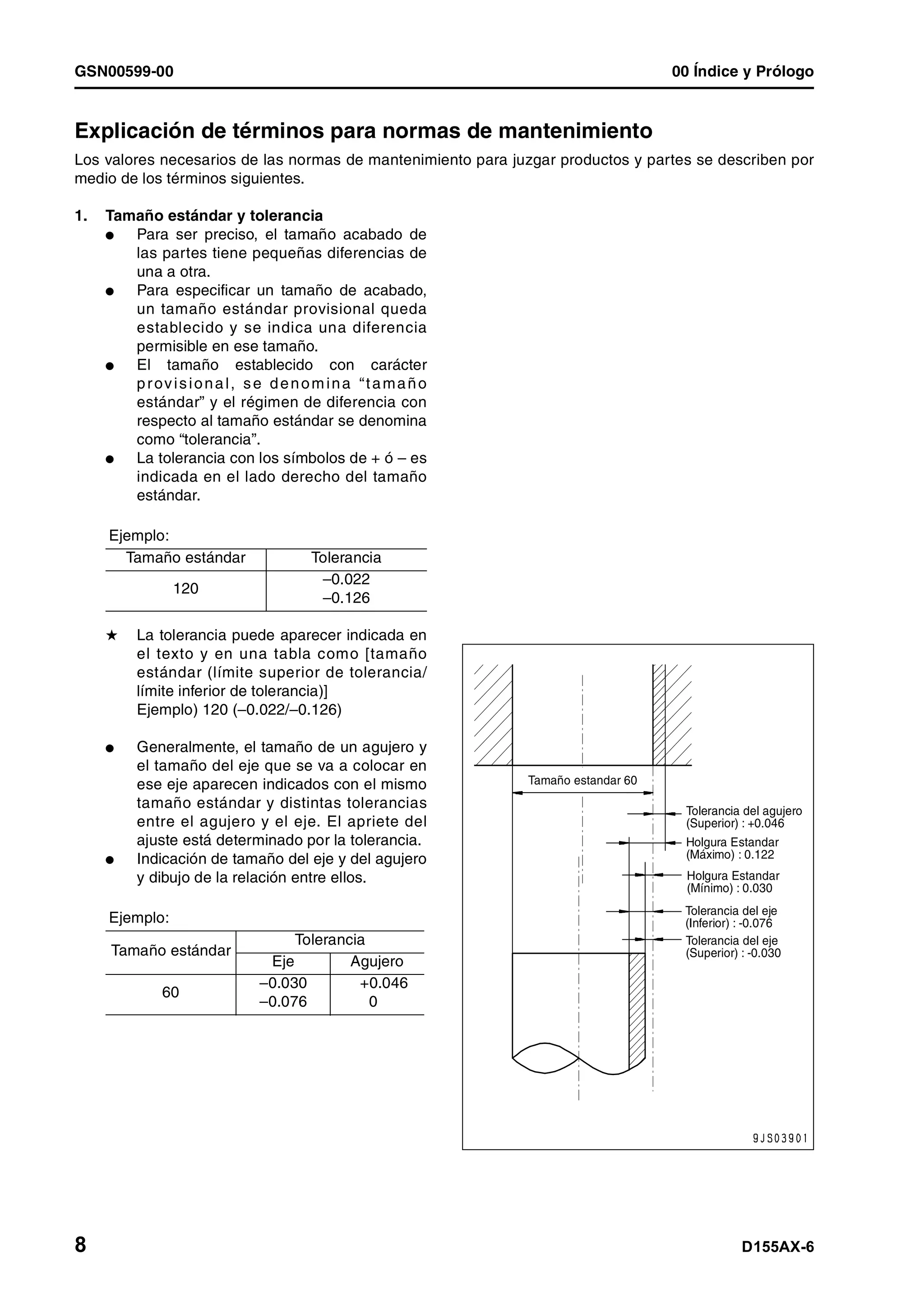 GSN00599-00 00 Índice y Prólogo
8 D155AX-6
Explicación de términos para normas de mantenimiento 1
Los valores necesarios de las normas de mantenimiento para juzgar productos y partes se describen por
medio de los términos siguientes.
1. Tamaño estándar y tolerancia
l Para ser preciso, el tamaño acabado de
las partes tiene pequeñas diferencias de
una a otra.
l Para especificar un tamaño de acabado,
un tamaño estándar provisional queda
establecido y se indica una diferencia
permisible en ese tamaño.
l El tamaño establecido con carácter
provisional, se denomina “tamaño
estándar” y el régimen de diferencia con
respecto al tamaño estándar se denomina
como “tolerancia”.
l La tolerancia con los símbolos de + ó – es
indicada en el lado derecho del tamaño
estándar.
H La tolerancia puede aparecer indicada en
el texto y en una tabla como [tamaño
estándar (límite superior de tolerancia/
límite inferior de tolerancia)]
Ejemplo) 120 (–0.022/–0.126)
l Generalmente, el tamaño de un agujero y
el tamaño del eje que se va a colocar en
ese eje aparecen indicados con el mismo
tamaño estándar y distintas tolerancias
entre el agujero y el eje. El apriete del
ajuste está determinado por la tolerancia.
l Indicación de tamaño del eje y del agujero
y dibujo de la relación entre ellos.
Ejemplo:
Tamaño estándar Tolerancia
120
–0.022
–0.126
Ejemplo:
Tamaño estándar
Tolerancia
Eje Agujero
60
–0.030
–0.076
+0.046
+0
Tamaño estandar 60
Tolerancia del agujero
(Superior) : +0.046
Tolerancia del eje
(Superior) : -0.030
Tolerancia del eje
(Inferior) : -0.076
Holgura Estandar
(Mínimo) : 0.030
Holgura Estandar
(Máximo) : 0.122
 