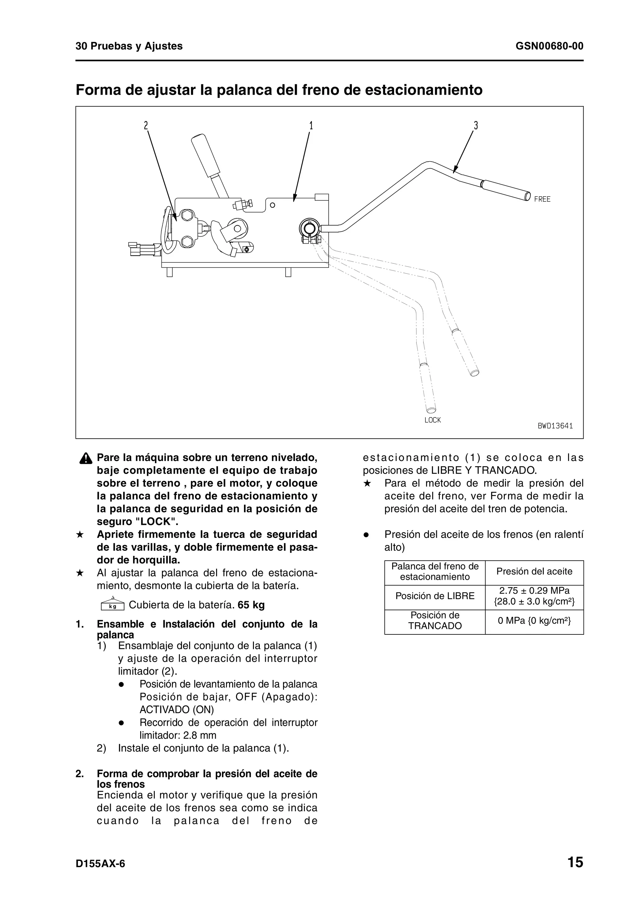30 Pruebas y Ajustes GSN00680-00
D155AX-6 15
Forma de ajustar la palanca del freno de estacionamiento 1
¤ Pare la máquina sobre un terreno nivelado,
baje completamente el equipo de trabajo
sobre el terreno , pare el motor, y coloque
la palanca del freno de estacionamiento y
la palanca de seguridad en la posición de
seguro "LOCK".
H Apriete firmemente la tuerca de seguridad
de las varillas, y doble firmemente el pasa-
dor de horquilla.
H Al ajustar la palanca del freno de estaciona-
miento, desmonte la cubierta de la batería.
4 Cubierta de la batería. 65 kg
1. Ensamble e Instalación del conjunto de la
palanca
1) Ensamblaje del conjunto de la palanca (1)
y ajuste de la operación del interruptor
limitador (2).
Posición de levantamiento de la palanca
Posición de bajar, OFF (Apagado):
ACTIVADO (ON)
Recorrido de operación del interruptor
limitador: 2.8 mm
2) Instale el conjunto de la palanca (1).
2. Forma de comprobar la presión del aceite de
los frenos
Encienda el motor y verifique que la presión
del aceite de los frenos sea como se indica
cu and o la pa la nca d el fre no d e
estacio namie nto (1) se co loca e n la s
posiciones de LIBRE Y TRANCADO.
H Para el método de medir la presión del
aceite del freno, ver Forma de medir la
presión del aceite del tren de potencia.
Presión del aceite de los frenos (en ralentí
alto)
Palanca del freno de
estacionamiento
Presión del aceite
Posición de LIBRE
2.75 ± 0.29 MPa
{28.0 ± 3.0 kg/cm²}
Posición de
TRANCADO
0 MPa {0 kg/cm²}
 