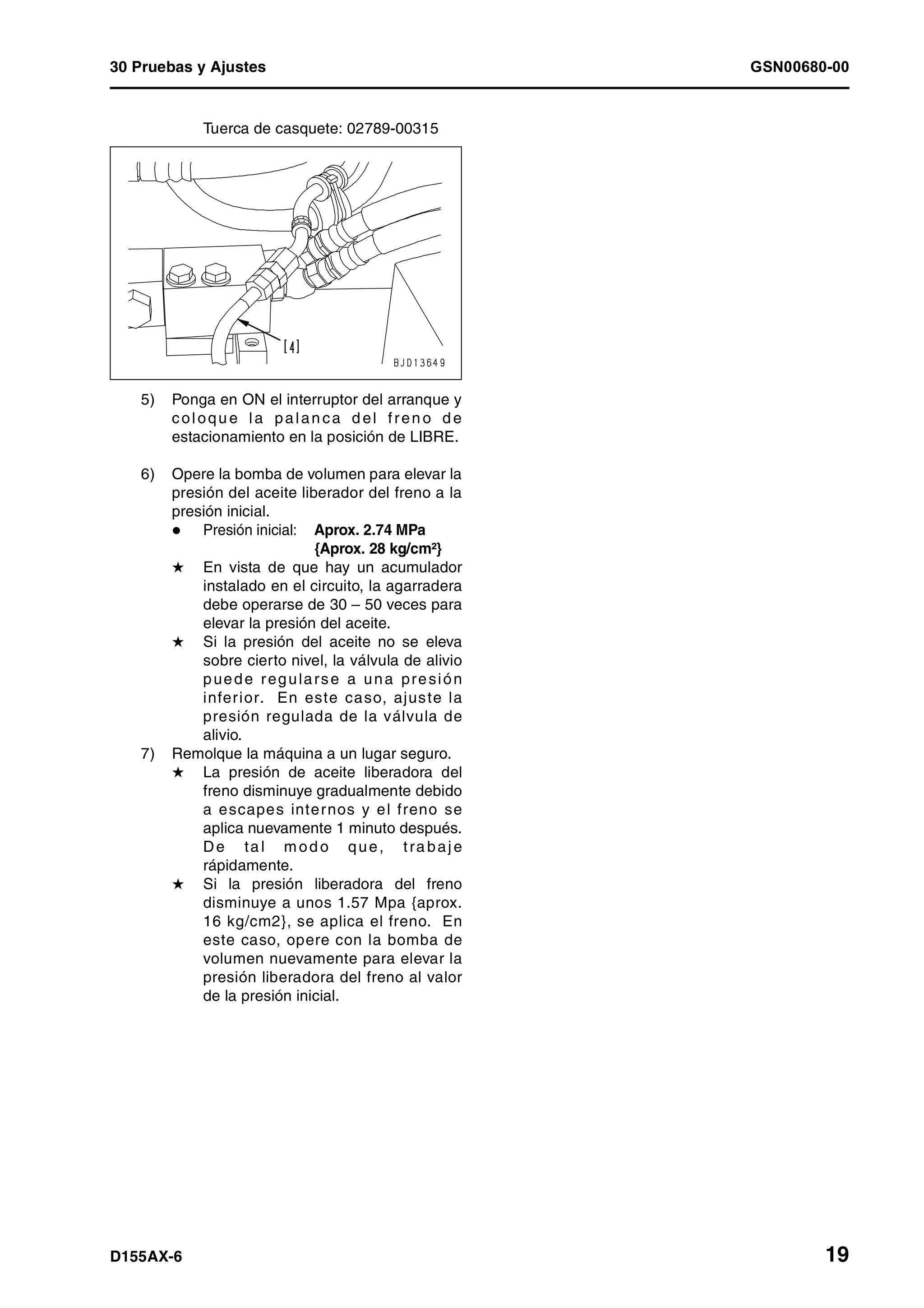 30 Pruebas y Ajustes GSN00680-00
D155AX-6 19
Tuerca de casquete: 02789-00315
5) Ponga en ON el interruptor del arranque y
coloqu e la palan ca d el fren o d e
estacionamiento en la posición de LIBRE.
6) Opere la bomba de volumen para elevar la
presión del aceite liberador del freno a la
presión inicial.
Presión inicial: Aprox. 2.74 MPa
{Aprox. 28 kg/cm²}
H En vista de que hay un acumulador
instalado en el circuito, la agarradera
debe operarse de 30 – 50 veces para
elevar la presión del aceite.
H Si la presión del aceite no se eleva
sobre cierto nivel, la válvula de alivio
puede regularse a una presión
inferior. En este caso, ajuste la
presión regulada de la válvula de
alivio.
7) Remolque la máquina a un lugar seguro.
H La presión de aceite liberadora del
freno disminuye gradualmente debido
a escapes internos y el freno se
aplica nuevamente 1 minuto después.
De ta l mod o que, tra baje
rápidamente.
H Si la presión liberadora del freno
disminuye a unos 1.57 Mpa {aprox.
16 kg/cm2}, se aplica el freno. En
este caso, opere con la bomba de
volumen nuevamente para elevar la
presión liberadora del freno al valor
de la presión inicial.
 