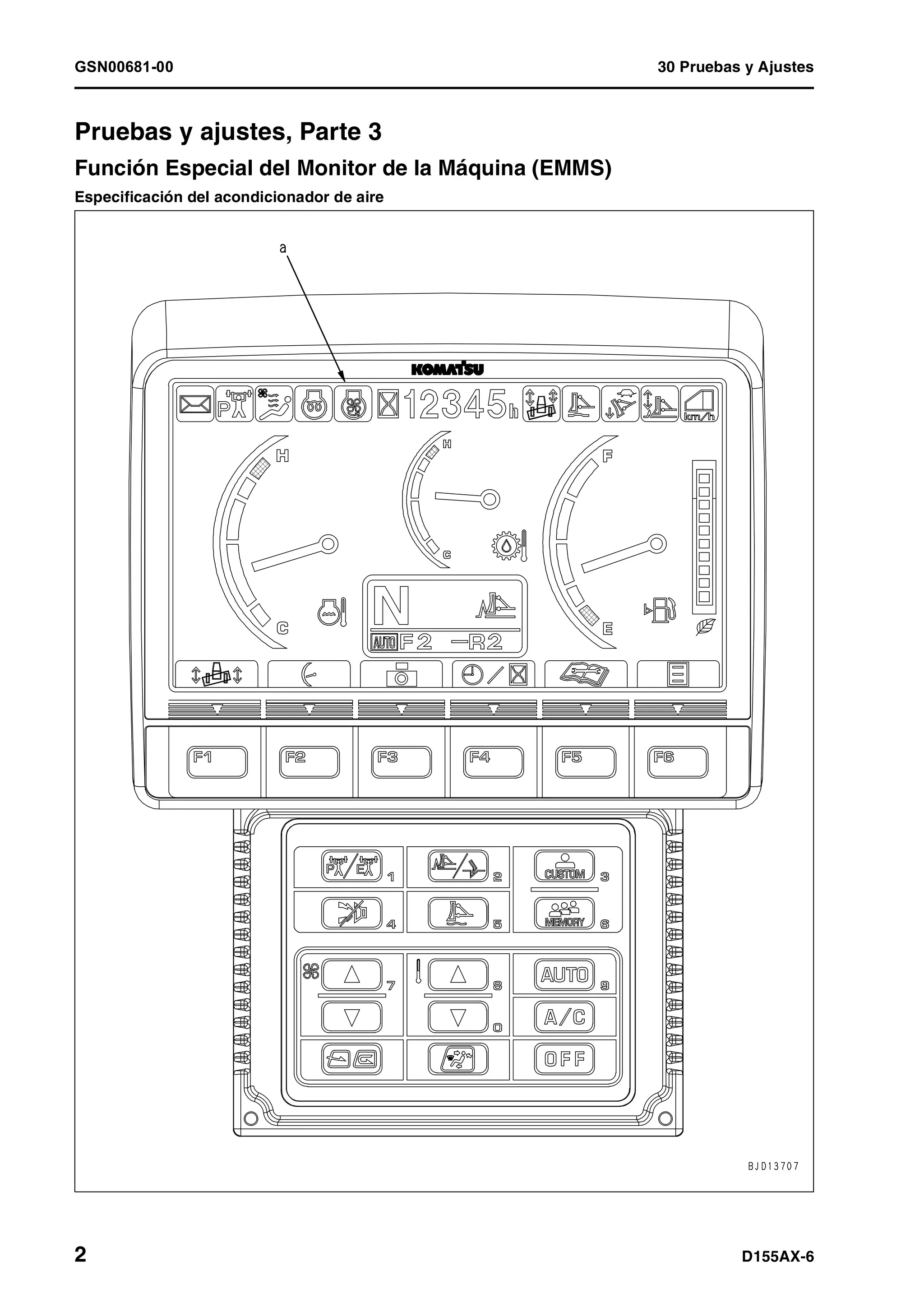 GSN00681-00 30 Pruebas y Ajustes
2 D155AX-6
Pruebas y ajustes, Parte 3 1
Función Especial del Monitor de la Máquina (EMMS) 1
Especificación del acondicionador de aire
 