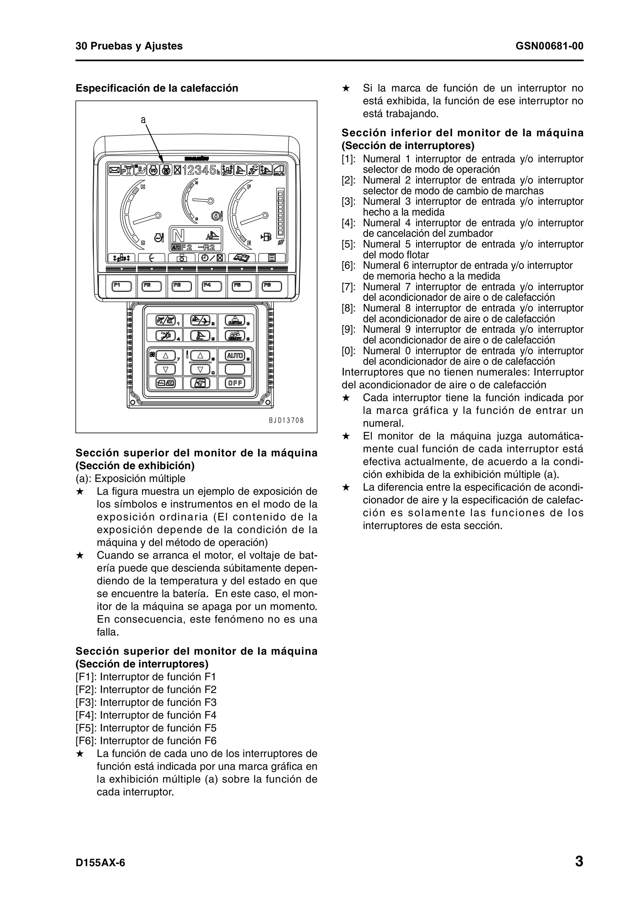 30 Pruebas y Ajustes GSN00681-00
D155AX-6 3
Especificación de la calefacción
Sección superior del monitor de la máquina
(Sección de exhibición)
(a): Exposición múltiple
H La figura muestra un ejemplo de exposición de
los símbolos e instrumentos en el modo de la
exposición ordinaria (El contenido de la
exposición depende de la condición de la
máquina y del método de operación)
H Cuando se arranca el motor, el voltaje de bat-
ería puede que descienda súbitamente depen-
diendo de la temperatura y del estado en que
se encuentre la batería. En este caso, el mon-
itor de la máquina se apaga por un momento.
En consecuencia, este fenómeno no es una
falla.
Sección superior del monitor de la máquina
(Sección de interruptores)
[F1]: Interruptor de función F1
[F2]: Interruptor de función F2
[F3]: Interruptor de función F3
[F4]: Interruptor de función F4
[F5]: Interruptor de función F5
[F6]: Interruptor de función F6
H La función de cada uno de los interruptores de
función está indicada por una marca gráfica en
la exhibición múltiple (a) sobre la función de
cada interruptor.
H Si la marca de función de un interruptor no
está exhibida, la función de ese interruptor no
está trabajando.
Sección inferior del monitor de la máquina
(Sección de interruptores)
[1]: Numeral 1 interruptor de entrada y/o interruptor
selector de modo de operación
[2]: Numeral 2 interruptor de entrada y/o interruptor
selector de modo de cambio de marchas
[3]: Numeral 3 interruptor de entrada y/o interruptor
hecho a la medida
[4]: Numeral 4 interruptor de entrada y/o interruptor
de cancelación del zumbador
[5]: Numeral 5 interruptor de entrada y/o interruptor
del modo flotar
[6]: Numeral 6 interruptor de entrada y/o interruptor
de memoria hecho a la medida
[7]: Numeral 7 interruptor de entrada y/o interruptor
del acondicionador de aire o de calefacción
[8]: Numeral 8 interruptor de entrada y/o interruptor
del acondicionador de aire o de calefacción
[9]: Numeral 9 interruptor de entrada y/o interruptor
del acondicionador de aire o de calefacción
[0]: Numeral 0 interruptor de entrada y/o interruptor
del acondicionador de aire o de calefacción
Interruptores que no tienen numerales: Interruptor
del acondicionador de aire o de calefacción
H Cada interruptor tiene la función indicada por
la marca gráfica y la función de entrar un
numeral.
H El monitor de la máquina juzga automática-
mente cual función de cada interruptor está
efectiva actualmente, de acuerdo a la condi-
ción exhibida de la exhibición múltiple (a).
H La diferencia entre la especificación de acondi-
cionador de aire y la especificación de calefac-
ción es solamente las funciones de los
interruptores de esta sección.
 