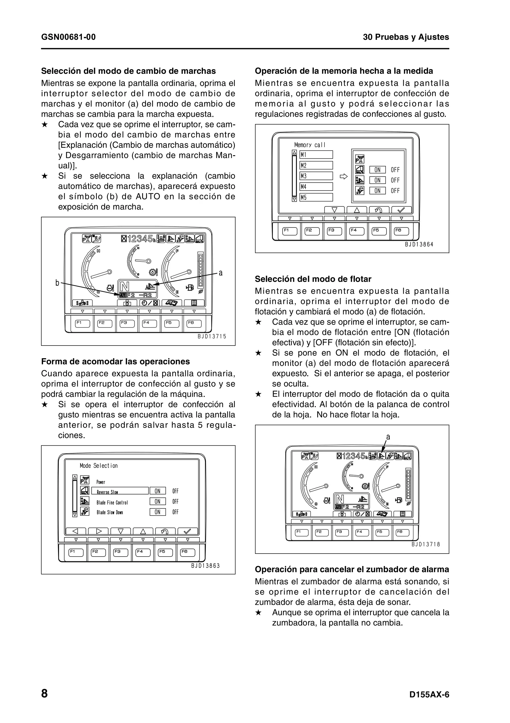 GSN00681-00 30 Pruebas y Ajustes
8 D155AX-6
Selección del modo de cambio de marchas
Mientras se expone la pantalla ordinaria, oprima el
interruptor selector del modo de cambio de
marchas y el monitor (a) del modo de cambio de
marchas se cambia para la marcha expuesta.
H Cada vez que se oprime el interruptor, se cam-
bia el modo del cambio de marchas entre
[Explanación (Cambio de marchas automático)
y Desgarramiento (cambio de marchas Man-
ual)].
H Si se selecciona la explanación (cambio
automático de marchas), aparecerá expuesto
el símbolo (b) de AUTO en la sección de
exposición de marcha.
Forma de acomodar las operaciones
Cuando aparece expuesta la pantalla ordinaria,
oprima el interruptor de confección al gusto y se
podrá cambiar la regulación de la máquina.
H Si se opera el interruptor de confección al
gusto mientras se encuentra activa la pantalla
anterior, se podrán salvar hasta 5 regula-
ciones.
Operación de la memoria hecha a la medida
Mientras se encuentra expuesta la pantalla
ordinaria, oprima el interruptor de confección de
memoria al gusto y podrá seleccionar las
regulaciones registradas de confecciones al gusto.
Selección del modo de flotar
Mientras se encuentra expuesta la pantalla
ordinaria, oprima el interruptor del modo de
flotación y cambiará el modo (a) de flotación.
H Cada vez que se oprime el interruptor, se cam-
bia el modo de flotación entre [ON (flotación
efectiva) y [OFF (flotación sin efecto)].
H Si se pone en ON el modo de flotación, el
monitor (a) del modo de flotación aparecerá
expuesto. Si el anterior se apaga, el posterior
se oculta.
H El interruptor del modo de flotación da o quita
efectividad. Al botón de la palanca de control
de la hoja. No hace flotar la hoja.
Operación para cancelar el zumbador de alarma
Mientras el zumbador de alarma está sonando, si
se oprime el interruptor de cancelación del
zumbador de alarma, ésta deja de sonar.
H Aunque se oprima el interruptor que cancela la
zumbadora, la pantalla no cambia.
 