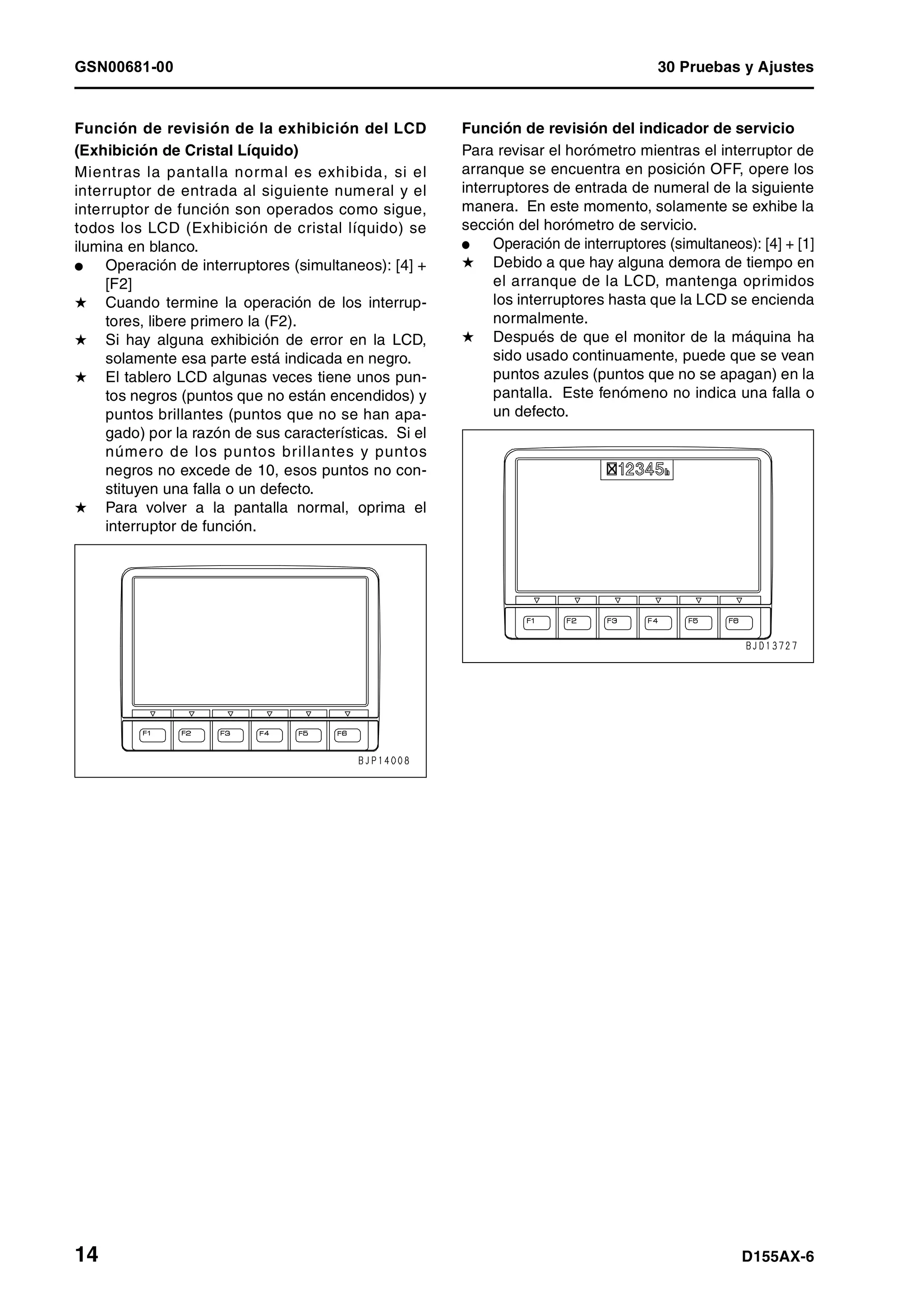 GSN00681-00 30 Pruebas y Ajustes
14 D155AX-6
Función de revisión de la exhibición del LCD
(Exhibición de Cristal Líquido)
Mientras la pantalla normal es exhibida, si el
interruptor de entrada al siguiente numeral y el
interruptor de función son operados como sigue,
todos los LCD (Exhibición de cristal líquido) se
ilumina en blanco.
l Operación de interruptores (simultaneos): [4] +
[F2]
H Cuando termine la operación de los interrup-
tores, libere primero la (F2).
H Si hay alguna exhibición de error en la LCD,
solamente esa parte está indicada en negro.
H El tablero LCD algunas veces tiene unos pun-
tos negros (puntos que no están encendidos) y
puntos brillantes (puntos que no se han apa-
gado) por la razón de sus características. Si el
número de los puntos brillantes y puntos
negros no excede de 10, esos puntos no con-
stituyen una falla o un defecto.
H Para volver a la pantalla normal, oprima el
interruptor de función.
Función de revisión del indicador de servicio
Para revisar el horómetro mientras el interruptor de
arranque se encuentra en posición OFF, opere los
interruptores de entrada de numeral de la siguiente
manera. En este momento, solamente se exhibe la
sección del horómetro de servicio.
l Operación de interruptores (simultaneos): [4] + [1]
H Debido a que hay alguna demora de tiempo en
el arranque de la LCD, mantenga oprimidos
los interruptores hasta que la LCD se encienda
normalmente.
H Después de que el monitor de la máquina ha
sido usado continuamente, puede que se vean
puntos azules (puntos que no se apagan) en la
pantalla. Este fenómeno no indica una falla o
un defecto.
 