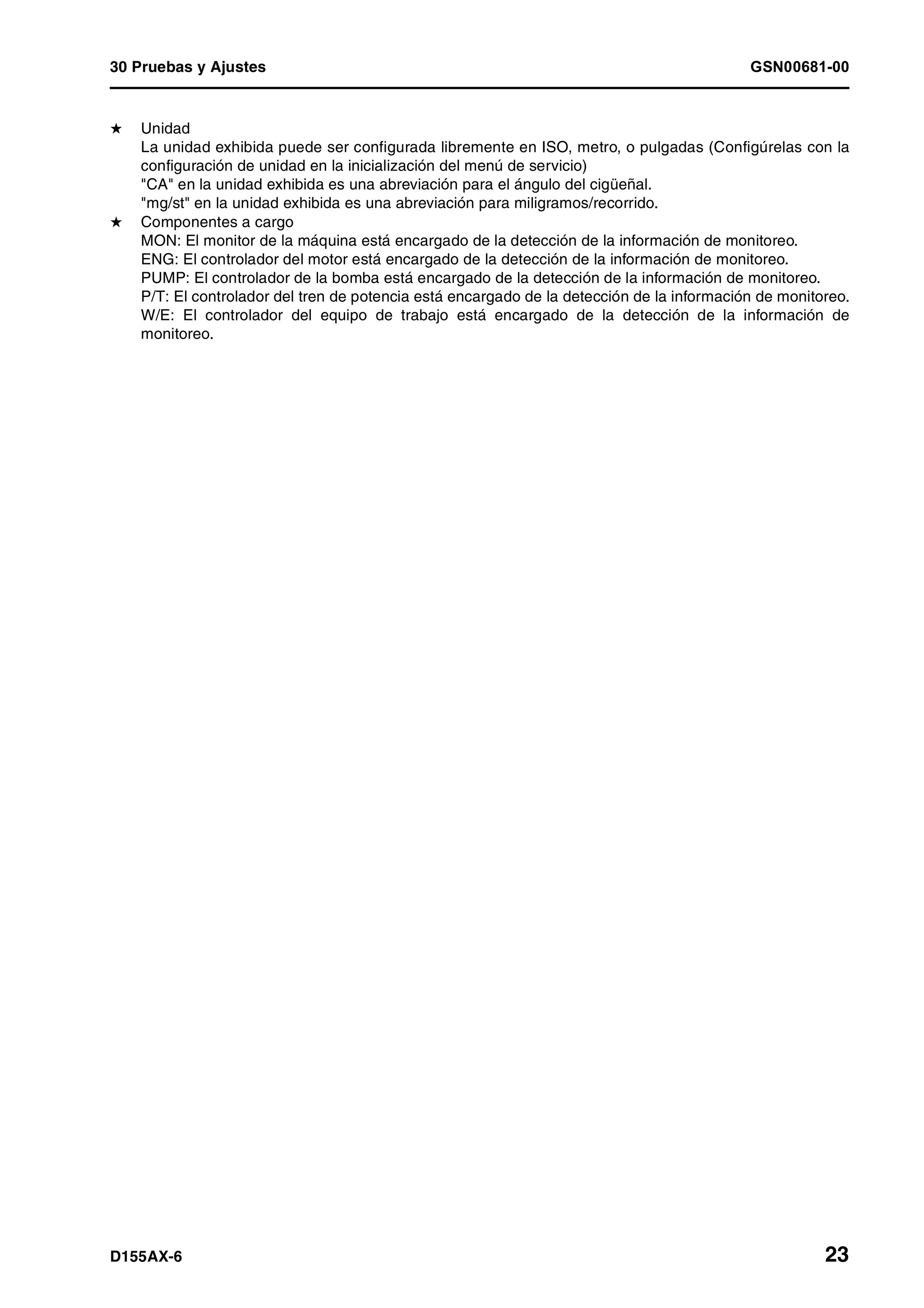30 Pruebas y Ajustes GSN00681-00
D155AX-6 23
H Unidad
La unidad exhibida puede ser configurada libremente en ISO, metro, o pulgadas (Configúrelas con la
configuración de unidad en la inicialización del menú de servicio)
"CA" en la unidad exhibida es una abreviación para el ángulo del cigüeñal.
"mg/st" en la unidad exhibida es una abreviación para miligramos/recorrido.
H Componentes a cargo
MON: El monitor de la máquina está encargado de la detección de la información de monitoreo.
ENG: El controlador del motor está encargado de la detección de la información de monitoreo.
PUMP: El controlador de la bomba está encargado de la detección de la información de monitoreo.
P/T: El controlador del tren de potencia está encargado de la detección de la información de monitoreo.
W/E: El controlador del equipo de trabajo está encargado de la detección de la información de
monitoreo.
 