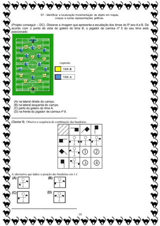 D1 - Identificar a localização /movimentação de objeto em mapas,
croquis e outras representações gráficas.
10
(Projeto conseguir – DC). Observe a imagem que apresenta a escalação dos times do 5º ano A e B. De
acordo com o ponto de vista do goleiro do time B, o jogador de camisa nº 5 do seu time está
posicionado:
(A) na lateral direita do campo.
(B) na lateral esquerda do campo.
(C) perto do goleiro do time A.
(D) na frente do jogador de camisa nº 9.
******************************************************
(Gestar II). Observe a sequência de combinação das bandeiras.
A alternativa que indica a posição das bandeiras em 1 é
******************************************************
 