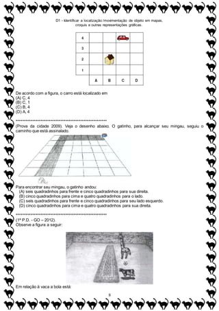 D1 - Identificar a localização /movimentação de objeto em mapas,
croquis e outras representações gráficas.
8
De acordo com a figura, o carro está localizado em
(A) C, 4
(B) C, 1
(C) B, 4
(D) A, 4
*******************************************************
(Prova da cidade 2009). Veja o desenho abaixo. O gatinho, para alcançar seu mingau, seguiu o
caminho que está assinalado.
Para encontrar seu mingau, o gatinho andou:
(A) seis quadradinhos para frente e cinco quadradinhos para sua direita.
(B) cinco quadradinhos para cima e quatro quadradinhos para o lado.
(C) seis quadradinhos para frente e cinco quadradinhos para seu lado esquerdo.
(D) cinco quadradinhos para cima e quatro quadradinhos para sua direita.
*******************************************************
(1ª P.D. - GO – 2012).
Observe a figura a seguir:
Em relação à vaca a bola está:
 