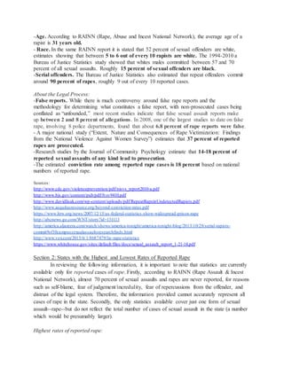 -Age. According to RAINN (Rape, Abuse and Incest National Network), the average age of a
rapist is 31 years old.
- Race. In the same RAINN report it is stated that 52 percent of sexual offenders are white,
estimates showing that between 5 to 6 out of every 10 rapists are white. The 1994-2010 a
Bureau of Justice Statistics study showed that whites males committed between 57 and 70
percent of all sexual assaults. Roughly 15 percent of sexual offenders are black.
-Serial offenders. The Bureau of Justice Statistics also estimated that repeat offenders commit
around 90 percent of rapes, roughly 9 out of every 10 reported cases.
About the Legal Process:
-False reports. While there is much controversy around false rape reports and the
methodology for determining what constitutes a false report, with non-prosecuted cases being
conflated as “unfounded,” most recent studies indicate that false sexual assault reports make
up between 2 and 8 percent of allegations. In 2008, one of the largest studies to date on false
rape, involving 8 police departments, found that about 6.8 percent of rape reports were false.
- A major national study (“Extent, Nature and Consequences of Rape Victimization: Findings
from the National Violence Against Women Survey”) estimates that 37 percent of reported
rapes are prosecuted.
-Research studies by the Journal of Community Psychology estimate that 14-18 percent of
reported sexual assaults of any kind lead to prosecution.
-The estimated conviction rate among reported rape cases is 18 percent based on national
numbers of reported rape.
Sources:
http://www.cdc.gov/violenceprevention/pdf/nisvs_report2010-a.pdf
http://www.bjs.gov/content/pub/pdf/fvsv9410.pdf
http://www.davidlisak.com/wp-content/uploads/pdf/RepeatRapeinUndetectedRapists.pdf
http://www.aequitasresource.org/beyond-conviction-rates.pdf
https://www.hrw.org/news/2007/12/15/us-federal-statistics-show-widespread-prison-rape
http://abcnews.go.com/WNT/story?id=131113
http://america.aljazeera.com/watch/shows/america-tonight/america-tonight-blog/2013/10/28/serial-rapists-
commit9of10campussexualassaultsresearchfinds.html
http://www.vox.com/2015/6/1/8687479/lie-rape-statistics
https://www.whitehouse.gov/sites/default/files/docs/sexual_assault_report_1-21-14.pdf
Section 2: States with the Highest and Lowest Rates of Reported Rape
In reviewing the following information, it is important to note that statistics are currently
available only for reported cases of rape. Firstly, according to RAINN (Rape Assault & Incest
National Network), almost 70 percent of sexual assaults and rapes are never reported, for reasons
such as self-blame, fear of judgement/incredulity, fear of repercussions from the offender, and
distrust of the legal system. Therefore, the information provided cannot accurately represent all
cases of rape in the state. Secondly, the only statistics available cover just one form of sexual
assault--rape--but do not reflect the total number of cases of sexual assault in the state (a number
which would be presumably larger).
Highest rates of reported rape:
 