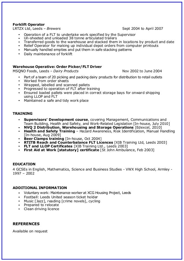 cv warehouse cv for warehouse operative