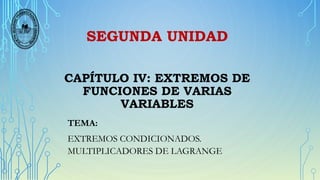 SEGUNDA UNIDAD
CAPÍTULO IV: EXTREMOS DE
FUNCIONES DE VARIAS
VARIABLES
TEMA:
EXTREMOS CONDICIONADOS.
MULTIPLICADORES DE LAGRANGE
 