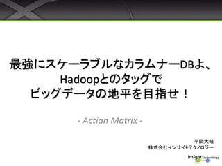 最強にスケーラブルなカラムナーDBよ、
Hadoopとのタッグで
ビッグデータの地平を目指せ！
- Actian Matrix -
平間大輔
株式会社インサイトテクノロジー
 