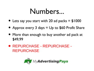 Numbers...
• Lets say you start with 20 ad packs = $1000
• Approx every 3 days = Up to $60 Profit Share
• More than enough to buy another ad pack at
$49,99
• REPURCHASE - REPURCHASE -
REPURCHASE
 