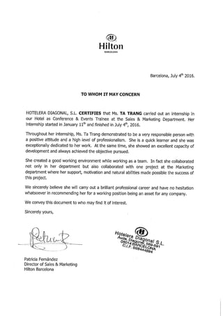 Recommendation Letter from Hilton Barcelona