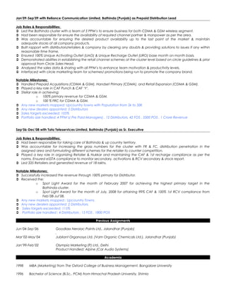 Jan’09-Sep’09 with Reliance Communication Limited, Bathinda (Punjab) as Prepaid Distribution Lead
Job Roles & Responsibilities:
 Led the Bathinda cluster with a team of 5 PPM’s to ensure business for both CDMA & GSM wireless segment.
 Had been responsible for ensure the availability of required channel partner & manpower as per the area.
 Was accountable for ensuring the desired product availability up to the last point of the market & maintain
adequate stocks of all company products.
 Built rapport with distributors/retailers & company by clearing any doubts & providing solutions to issues if any within
reasonable time frame.
 Ensured 100% Unique Activating Outlet (UAO) & Unique Recharge Outlet (URO) base month on month basis.
 Demonstrated abilities in establishing the retail channel schemes at the cluster level based on circle guidelines & prior
approval from Circle Sales Head.
 Analyzed the sales data & sharing with all PPM’s to enhance team motivation & productivity levels.
 Interfaced with circle marketing team for schemes/ promotions being run to promote the company brand.
Notable Milestones:
 Handled Prepaid Acquisitions (CDMA & GSM), Handset Primary (CDMA), and Retail Expansion (CDMA & GSM).
 Played a key role in CAF Punch & CAF ‘Y’.
 Stellar role in achieving:
o 100% primary revenue for CDMA & GSM.
o 100 % FRC for CDMA & GSM.
 Any new markets mapped: Upcountry towns with Population from 5k to 50K
 Any new dealers appointed: 5 Distributors
 Sales targets exceeded: 105%
 Portfolio size handled: 4 PPM’s( Pre Paid Managers) , 12 Distributors, 42 FOS , 3500 POS , 1 Crore Revenue
Sep’06-Dec’08 with Tata Teleservices Limited, Bathinda (Punjab) as Sr. Executive
Job Roles & Responsibilities:
 Had been responsible for taking care of Bathinda & up country territory.
 Was accountable for increasing the gross numbers for the cluster with FR & FC, distribution penetration in the
assigned area and formulating different schemes for the retailer to counter competition.
 Played a key role in organizing Retailer & Nukkar and maintaining the CAF & 1st recharge compliance as per the
norms. Ensured eSSTA compliance to monitor secondary, activations & RCV secondary & stock report.
 Led 335 Retailers and generated revenue of 18 lakhs.
Notable Milestones:
 Successfully increased the revenue through 100% primary for Distributor.
 Received the:
o Spot Light Award for the month of February 2007 for achieving the highest primary target in the
Bathinda cluster.
o Spot Light Award for the month of July, 2008 for attaining 99% CAF & 100% 1st RCV compliance from
Feb’08-Jul’08.
 Any new markets mapped : Upcountry Towns
 Any new dealers appointed: 2 Distributors.
 Sales targets exceeded: 115%
 Portfolio size handled : 4 Distributors , 15 FOS , 1800 POS
Previous Assignments
Jun’04-Sep’06 Goodlass Nerolac Paints Ltd., Jalandhar (Punjab)
.
Mar’02-May’04 Jubilant Organosys Ltd. (Vam Organic Chemicals Ltd.), Jalandhar (Punjab)
Jan’99-Feb’02 Olympia Marketing (P) Ltd., Delhi
Product Handled: Alpine (Car Audio Systems)
Academia
1998 MBA (Marketing) from The Oxford College of Business Management, Bangalore University
1996 Bachelor of Science (B.Sc., PCM) from Himachal Pradesh University, Shimla
 