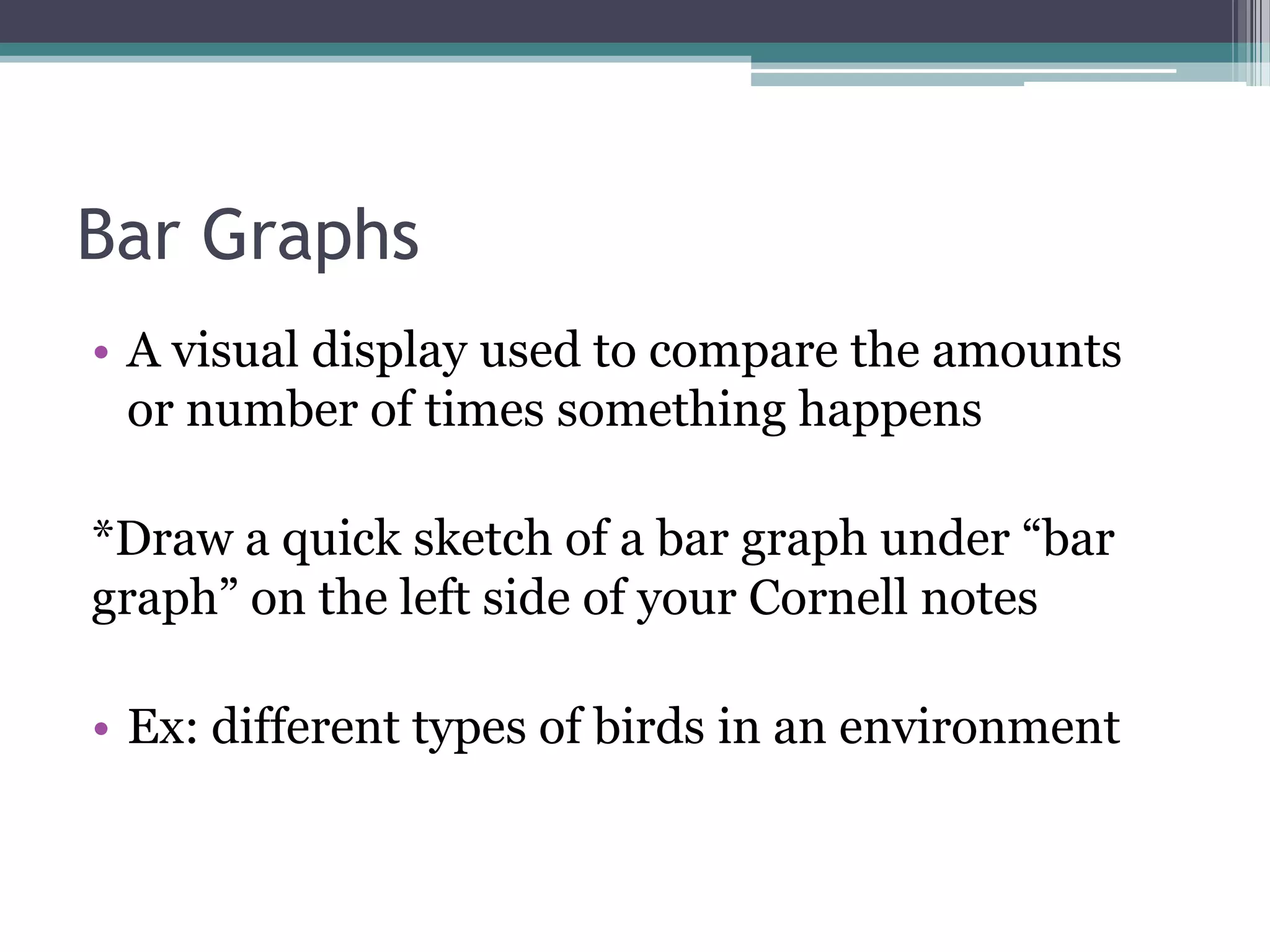 Bar Graphs
• A visual display used to compare the amounts
or number of times something happens
*Draw a quick sketch of a bar graph under “bar
graph” on the left side of your Cornell notes
• Ex: different types of birds in an environment
 
