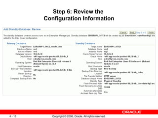 Step 6: Review the
         Configuration Information




4 - 16      Copyright © 2006, Oracle. All rights reserved.
 
