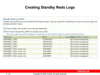 Creating Standby Redo Logs




4 - 23       Copyright © 2006, Oracle. All rights reserved.
 