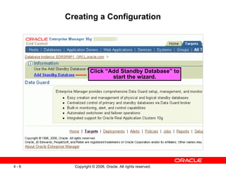 Creating a Configuration




                 Click “Add Standby Database” to
                         start the wizard.




4-6     Copyright © 2006, Oracle. All rights reserved.
 