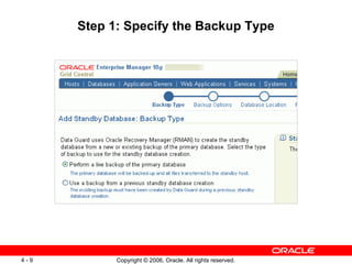 Step 1: Specify the Backup Type




4-9         Copyright © 2006, Oracle. All rights reserved.
 