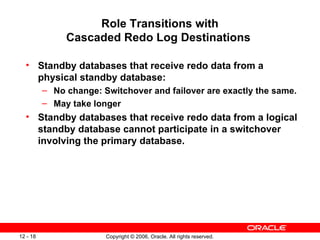 Role Transitions with
               Cascaded Redo Log Destinations

  • Standby databases that receive redo data from a
    physical standby database:
          – No change: Switchover and failover are exactly the same.
          – May take longer
  • Standby databases that receive redo data from a logical
    standby database cannot participate in a switchover
    involving the primary database.




12 - 18                 Copyright © 2006, Oracle. All rights reserved.
 
