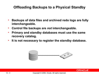 Offloading Backups to a Physical Standby


  • Backups of data files and archived redo logs are fully
    interchangeable.
  • Control file backups are not interchangeable.
  • Primary and standby databases must use the same
    recovery catalog.
  • It is not necessary to register the standby database.




12 - 3             Copyright © 2006, Oracle. All rights reserved.
 