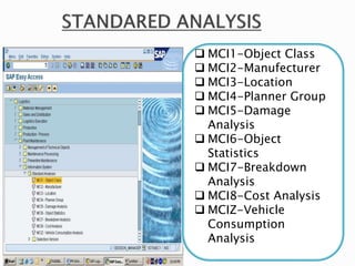  MCI1-Object Class
 MCI2-Manufecturer
 MCI3-Location
 MCI4-Planner Group
 MCI5-Damage
Analysis
 MCI6-Object
Statistics
 MCI7-Breakdown
Analysis
 MCI8-Cost Analysis
 MCIZ-Vehicle
Consumption
Analysis
 