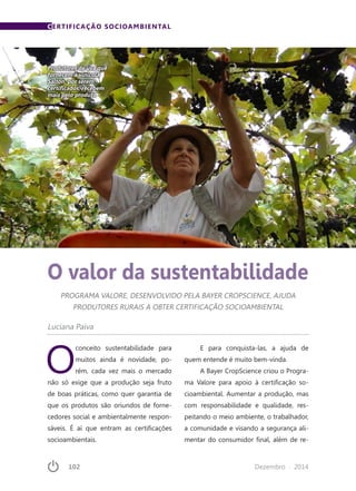 102	 Dezembro · 2014
CERTIFICAÇÃO SOCIOAMBIENTAL
O valor da sustentabilidade
PROGRAMA VALORE, DESENVOLVIDO PELA BAYER CROPSCIENCE, AJUDA
PRODUTORES RURAIS A OBTER CERTIFICAÇÃO SOCIOAMBIENTAL
Luciana Paiva
O
conceito sustentabilidade para
muitos ainda é novidade, po-
rém, cada vez mais o mercado
não só exige que a produção seja fruto
de boas práticas, como quer garantia de
que os produtos são oriundos de forne-
cedores social e ambientalmente respon-
sáveis. É aí que entram as certificações
socioambientais.
E para conquista-las, a ajuda de
quem entende é muito bem-vinda.
A Bayer CropScience criou o Progra-
ma Valore para apoio à certificação so-
cioambiental. Aumentar a produção, mas
com responsabilidade e qualidade, res-
peitando o meio ambiente, o trabalhador,
a comunidade e visando a segurança ali-
mentar do consumidor final, além de re-
Produtores de uva que
fornecem à vinícola
Salton, por serem
certificados, recebem
mais pelo produto
 