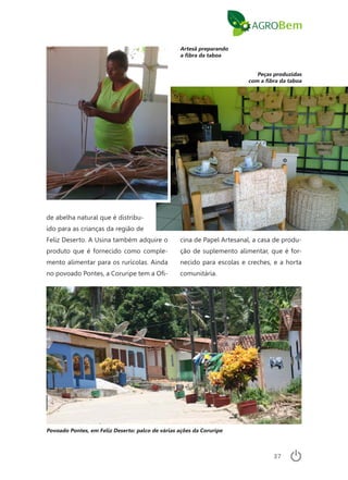 37
Peças produzidas
com a fibra da taboa
de abelha natural que é distribu-
ído para as crianças da região de
Feliz Deserto. A Usina também adquire o
produto que é fornecido como comple-
mento alimentar para os rurícolas. Ainda
no povoado Pontes, a Coruripe tem a Ofi-
cina de Papel Artesanal, a casa de produ-
ção de suplemento alimentar, que é for-
necido para escolas e creches, e a horta
comunitária.
Povoado Pontes, em Feliz Deserto: palco de várias ações da Coruripe
Artesã preparando
a fibra da taboa
 