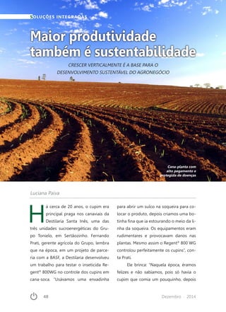 48	 Dezembro · 2014
SOLUÇÕES INTEGRADAS
Maior produtividade
também é sustentabilidade
CRESCER VERTICALMENTE É A BASE PARA O
DESENVOLVIMENTO SUSTENTÁVEL DO AGRONEGÓCIO
Luciana Paiva
H
á cerca de 20 anos, o cupim era
principal praga nos canaviais da
Destilaria Santa Inês, uma das
três unidades sucroenergéticas do Gru-
po Tonielo, em Sertãozinho. Fernando
Prati, gerente agrícola do Grupo, lembra
que na época, em um projeto de parce-
ria com a BASF, a Destilaria desenvolveu
um trabalho para testar o inseticida Re-
gent®
800WG no controle dos cupins em
cana-soca. “Usávamos uma enxadinha
para abrir um sulco na soqueira para co-
locar o produto, depois criamos uma bo-
tinha fina que ia estourando o meio da li-
nha da soqueira. Os equipamentos eram
rudimentares e provocavam danos nas
plantas. Mesmo assim o Regent®
800 WG
controlou perfeitamente os cupins”, con-
ta Prati.
Ele brinca: “Naquela época, éramos
felizes e não sabíamos, pois só havia o
cupim que comia um pouquinho, depois
Cana-planta com
alto pegamento e
protegida de doenças
 