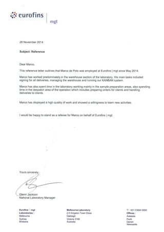 letter of reference of Eurofins (laboratory manager).