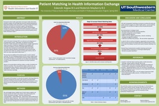 Patient Matching In Health Information Exchange
Eskendir Argaw B.S and Roderick Mayberry B.S
The University of Texas at Austin Health Informatics and Health IT Professional Education Program, Spring 2016
ABSTRACT
ACKNOWLEDGMENTS
DISCUSSION AND CONCLUSION
REFERENCES
CONTACT
Eskendir Argaw Roderick Mayberry
eskendirf@gmail.com roderickmayberry@utexas.edu
INTRODUCTION
RESULTS
PURPOSE
Participants within health organizations will require health information
standards to gather and exchange data precisely. Standard Development
Organizations (SDOs) create and maintain a variety of health information
standards, all of which are intended to support interoperability.
Integrating the Healthcare Enterprise (IHE) supports interoperability
through the inclusion of key health information standards in profiles that
are developed through a collaborative process directed towards priority
health information needs.1,2
METHODS
1. Goodlove T, Ball AW. Patient matching within a health information
exchange. Perspect Health Inf Manag. 2015;12:1g.
2. Witting K. Health Information Exchange: Integrating the Healthcare
Enterprise(IHE). Introduction to Nursing Informatics. 2014; 79-96.
3. Knudson J. Identifying Patients in HIEs. For The Record. 2012;8(24):10.
4. Yeager M, Matthews M. The Framework for Cross-Organizational Patient
Identity management. 2015.
5. Meeks DW, Smith MW, Taylor L, et al. An analysis of electronic health
record-related patient safety concerns. J Am Med Inform Assoc.
2014;21(6):1053-9.
Health Information Exchange (HIE) is an electronic and integral part of
providing patient-centric, responsible, cost effective and quality
healthcare. Health information exchanges between multiple organizations
require two points of reference, organization accountability and
verification of patient’s consent to exchange health information.
Currently, these standards are maintained by Nationwide Health
Information Network (NwHIN). Standardization issues with the data
recorded result in false non-matches and even false matches, both of
which can cause major patient safety issues.1,3,4
The accuracy and usability of the shared records is crucial in patient
matching. The most challenging obstacle with the nation’s largest health
data sharing network is accurate patient matching. Health organizations
must posses the ability to consistently and accurately match patient data
in order to avoid complications for physicians and other healthcare
providers.
Absence of accurate patient matching creates a number of problems for
healthcare providers. They may experience delay in patient care, not
meeting patient safety standards, acquire additional cost and patient
dissatisfaction. Therefore, patient matching plays a significant role in
health information exchange.
The purpose of this project is to describe the patient matching problems &
solutions resulting from the nation wide network automated health
information exchange between health organizations and propose a more
effective and secure approach for patient matching for all participating
entities.
We used Google Scholar, PubMed and UT Austin library to gather and
examine articles that relate to the research. We used the Keywords:
“Health Information Exchange”, “Electronic Health Record”,
“Interoperability”, “Patient Matching”, “Deterministic Patient Matching Vs.
Probabilistic Patient Matching” . We reviewed articles from the Journal of
the American Medical Informatics Association (JAMIA) and Perspectives in
Health Information Management that were published between 2013 and
2015.
We would like to thank our mentors Mr. Bob Ligon, Dr. Richard Nauret,
and Dr. Leanne Field for all their valuable time and resources they
provided for the completion of the project. We would also like to thank
The University of Texas at Austin and The University of Texas
Southwestern Medical Center.
HIEs with strong patient matching are necessary to achieve the value and
quality needed to support our modern health system. Current matching
techniques are not efficient enough to utilize the potential benefits
available.
Key improvements in strategy include:
• Normalize fields and identify important identifiers
• Complete missing data, correct mistakes
• Implement/Refine algorithm
• Address user error, patient authorization, network, interfacing
messages and algorithm problems
• Implement and follow best practices - HIE and member organizations
In order for HIEs to continue to progress, organizations must proactively
work to prevent records from being made with insufficient data as well as
ensure past links between records can be used to improve matching in the
future.
Potential future improvements to patient matching could include:
• Increased patient involvement in correcting/completing data
• Biometrics as patient identifiers4
Steps To Increase Patient Matching Rates
Figure 2. Identifies steps used to improve matching rates
Lessons Learned
Pre-worked & Reused Correlations
95%+
Algorithmic Refinement, Operational Improvement
85-90%
Data Cleaning, Normalization
60-70%
Unconstrained Demographics
10-15%
Figure 3. Shows final patient match rate after strategic
improvements were made. (n=340,000 patients)
Patient Identifier Completeness Validity Distinctiveness Comparability Stability
Medical
Record
Number
✔ ✔ ✔ ✔
Last Name ✔ ✔ ✔
First Name ✔ ✔ ✔
Sex ✔ ✔ ✔ ✔
Date of
Birth
✔ ✔ ✔ ✔
SSN ✔ ✔ ✔
Table 1. Patient Attribute Analysis
Figure 1. Shows initial patient match rate before strategic
improvement. (n=10,000 patients)
 