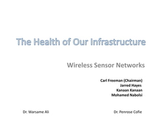 Wireless Sensor Networks
Carl Freeman (Chairman)
Jarred Hayes
Kanaan Kanaan
Mohamed Nabolsi
Dr. Warsame Ali Dr. Penrose Cofie
 