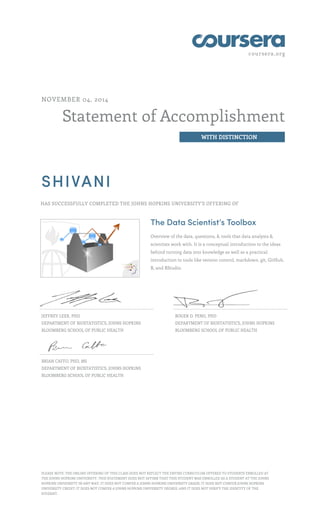 coursera.org
Statement of Accomplishment
WITH DISTINCTION
NOVEMBER 04, 2014
SHIVANI
HAS SUCCESSFULLY COMPLETED THE JOHNS HOPKINS UNIVERSITY'S OFFERING OF
The Data Scientist’s Toolbox
Overview of the data, questions, & tools that data analysts &
scientists work with. It is a conceptual introduction to the ideas
behind turning data into knowledge as well as a practical
introduction to tools like version control, markdown, git, GitHub,
R, and RStudio.
JEFFREY LEEK, PHD
DEPARTMENT OF BIOSTATISTICS, JOHNS HOPKINS
BLOOMBERG SCHOOL OF PUBLIC HEALTH
ROGER D. PENG, PHD
DEPARTMENT OF BIOSTATISTICS, JOHNS HOPKINS
BLOOMBERG SCHOOL OF PUBLIC HEALTH
BRIAN CAFFO, PHD, MS
DEPARTMENT OF BIOSTATISTICS, JOHNS HOPKINS
BLOOMBERG SCHOOL OF PUBLIC HEALTH
PLEASE NOTE: THE ONLINE OFFERING OF THIS CLASS DOES NOT REFLECT THE ENTIRE CURRICULUM OFFERED TO STUDENTS ENROLLED AT
THE JOHNS HOPKINS UNIVERSITY. THIS STATEMENT DOES NOT AFFIRM THAT THIS STUDENT WAS ENROLLED AS A STUDENT AT THE JOHNS
HOPKINS UNIVERSITY IN ANY WAY. IT DOES NOT CONFER A JOHNS HOPKINS UNIVERSITY GRADE; IT DOES NOT CONFER JOHNS HOPKINS
UNIVERSITY CREDIT; IT DOES NOT CONFER A JOHNS HOPKINS UNIVERSITY DEGREE; AND IT DOES NOT VERIFY THE IDENTITY OF THE
STUDENT.
 
