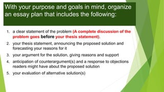 With your purpose and goals in mind, organize
an essay plan that includes the following:
1. a clear statement of the problem (A complete discussion of the
problem goes before your thesis statement).
2. your thesis statement, announcing the proposed solution and
forecasting your reasons for it
3. your argument for the solution, giving reasons and support
4. anticipation of counterargument(s) and a response to objections
readers might have about the proposed solution
5. your evaluation of alternative solution(s)
 