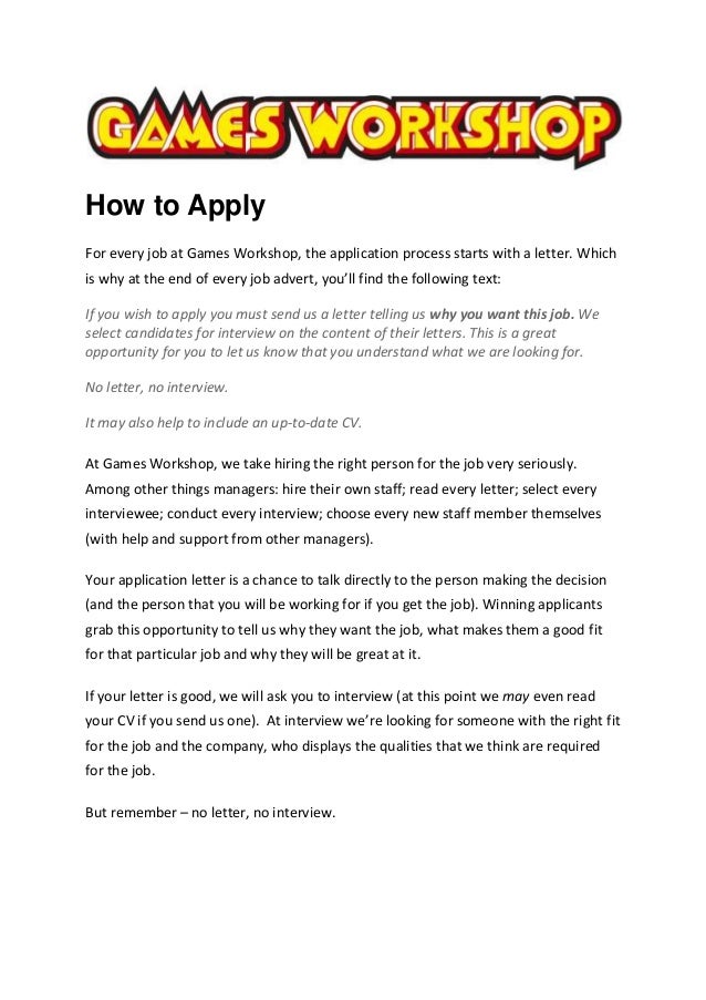 games workshop application letter
