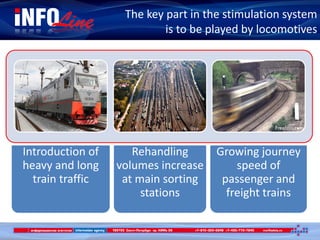 The key part in the stimulation system
is to be played by locomotives
Introduction of
heavy and long
train traffic
Rehandling
volumes increase
at main sorting
stations
Growing journey
speed of
passenger and
freight trains
 