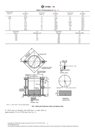 to 150.8 mm) in diameter and shall have a center hole of
approximately 21⁄8 in. (53.98 mm) (see Fig. 3).
TABLE 2 SI Equivalents for Figs. 1-5
Inch-Pound
Units, in.
SI
Equivalent,
mm
Inch-Pound
Units, in.
SI
Equivalent,
mm
Inch-Pound
Units, in.
SI
Equivalent,
mm
1.954 49.63 11⁄4 31.8 41⁄2 114.3
2.416 61.37 13⁄8 34.90 43⁄4 120.7
1⁄16 1.59 11⁄2 38.1 57⁄8 149.2
1⁄4 6.4 13⁄4 44.5 515⁄16 150.8
3⁄8 9.53 11⁄8 28.58 6.000 152.4
7⁄16 11.11 2 50.8 67⁄32 158.0
1⁄2 12.70 21⁄8 53.98 7.000 177.8
5⁄8 15.9 23⁄4 69.85 71⁄2 190.5
3⁄4 19.1 3 76.20 83⁄8 212.7
11⁄8 28.58 41⁄4 108.0 93⁄8 238.1
Inch-Pound
Units, in.
SI
Equivalent, mm
Inch-Pound
Units, psi
SI
Equivalent, MPa
0.10 2.5 200 1.4
0.20 5.1 400 2.8
0.30 7.6 600 4.1
0.40 10.2 800 5.5
0.50 12.7 1000 6.9
1200 8.3
1400 9.7
NOTE 1—See Table 2 for SI equivalents.
FIG. 1 Mold with Extension Collar and Spacer Disk
D1883 − 16
4Copyright by ASTM Int'l (all rights reserved); Fri Jan 19 13:28:23 EST 2018
Downloaded/printed by
Universidad Tecnologica de Panama (Universidad Tecnologica de Panama) pursuant to License Agreement. No further reproductions authorized.
 
