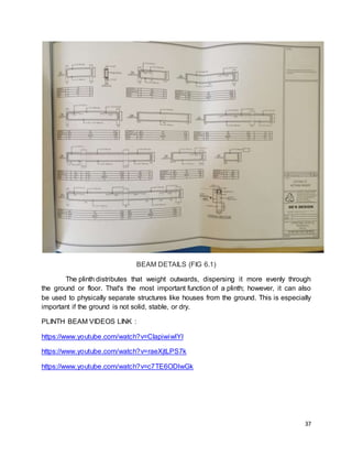 37
BEAM DETAILS (FIG 6.1)
The plinth distributes that weight outwards, dispersing it more evenly through
the ground or floor. That's the most important function of a plinth; however, it can also
be used to physically separate structures like houses from the ground. This is especially
important if the ground is not solid, stable, or dry.
PLINTH BEAM VIDEOS LINK :
https://www.youtube.com/watch?v=ClapiwiwlYI
https://www.youtube.com/watch?v=raeXjtLPS7k
https://www.youtube.com/watch?v=c7TE6ODlwGk
 