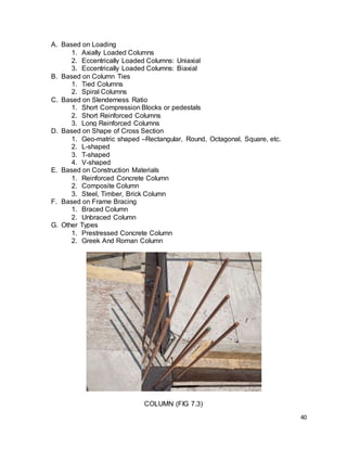 40
A. Based on Loading
1. Axially Loaded Columns
2. Eccentrically Loaded Columns: Uniaxial
3. Eccentrically Loaded Columns: Biaxial
B. Based on Column Ties
1. Tied Columns
2. Spiral Columns
C. Based on Slenderness Ratio
1. Short Compression Blocks or pedestals
2. Short Reinforced Columns
3. Long Reinforced Columns
D. Based on Shape of Cross Section
1. Geo-matric shaped –Rectangular, Round, Octagonal, Square, etc.
2. L-shaped
3. T-shaped
4. V-shaped
E. Based on Construction Materials
1. Reinforced Concrete Column
2. Composite Column
3. Steel, Timber, Brick Column
F. Based on Frame Bracing
1. Braced Column
2. Unbraced Column
G. Other Types
1. Prestressed Concrete Column
2. Greek And Roman Column
COLUMN (FIG 7.3)
 