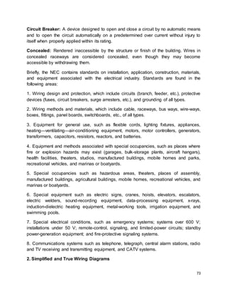 73
Circuit Breaker: A device designed to open and close a circuit by no automatic means
and to open the circuit automatically on a predetermined over current without injury to
itself when properly applied within its rating.
Concealed: Rendered inaccessible by the structure or finish of the building. Wires in
concealed raceways are considered concealed, even though they may become
accessible by withdrawing them.
Briefly, the NEC contains standards on installation, application, construction, materials,
and equipment associated with the electrical industry. Standards are found in the
following areas:
1. Wiring design and protection, which include circuits (branch, feeder, etc.), protective
devices (fuses, circuit breakers, surge arresters, etc.), and grounding of all types.
2. Wiring methods and materials, which include cable, raceways, bus ways, wire-ways,
boxes, fittings, panel boards, switchboards, etc., of all types.
3. Equipment for general use, such as flexible cords, lighting fixtures, appliances,
heating—ventilating—air-conditioning equipment, motors, motor controllers, generators,
transformers, capacitors, resistors, reactors, and batteries.
4. Equipment and methods associated with special occupancies, such as places where
fire or explosion hazards may exist (garages, bulk-storage plants, aircraft hangars),
health facilities, theaters, studios, manufactured buildings, mobile homes and parks,
recreational vehicles, and marinas or boatyards.
5. Special occupancies such as hazardous areas, theaters, places of assembly,
manufactured buildings, agricultural buildings, mobile homes, recreational vehicles, and
marinas or boatyards.
6. Special equipment such as electric signs, cranes, hoists, elevators, escalators,
electric welders, sound-recording equipment, data-processing equipment, x-rays,
induction-dielectric heating equipment, metal-working tools, irrigation equipment, and
swimming pools.
7. Special electrical conditions, such as emergency systems; systems over 600 V;
installations under 50 V; remote-control, signaling, and limited-power circuits; standby
power-generation equipment; and fire-protective signaling systems.
8. Communications systems such as telephone, telegraph, central alarm stations, radio
and TV receiving and transmitting equipment, and CATV systems.
2. Simplified and True Wiring Diagrams
 