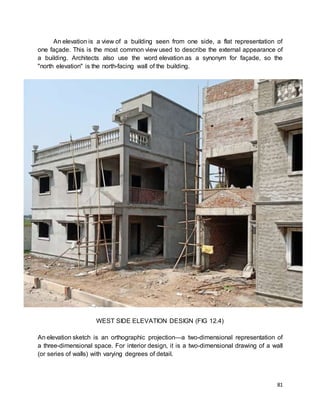 81
An elevation is a view of a building seen from one side, a flat representation of
one façade. This is the most common view used to describe the external appearance of
a building. Architects also use the word elevation as a synonym for façade, so the
"north elevation" is the north-facing wall of the building.
WEST SIDE ELEVATION DESIGN (FIG 12.4)
An elevation sketch is an orthographic projection—a two-dimensional representation of
a three-dimensional space. For interior design, it is a two-dimensional drawing of a wall
(or series of walls) with varying degrees of detail.
 