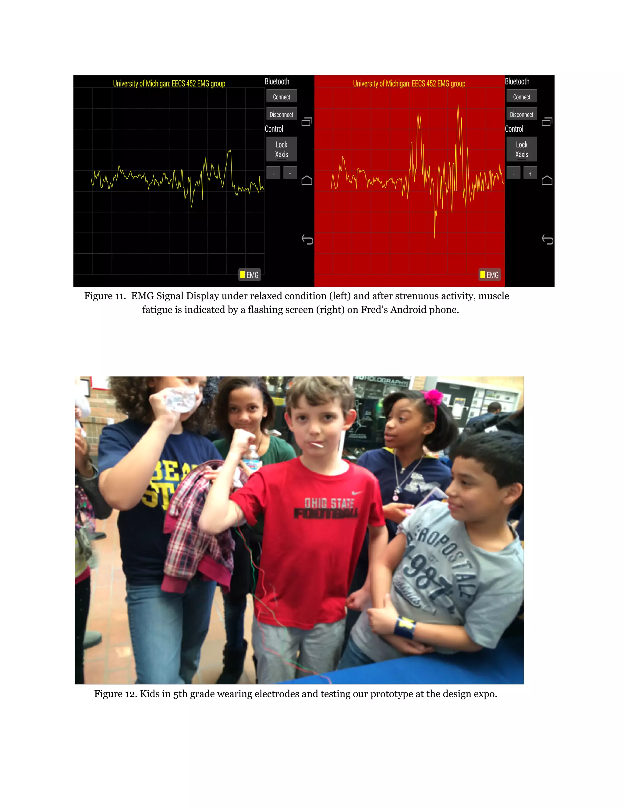 Figure 11. EMG Signal Display under relaxed condition (left) and after strenuous activity, muscle
fatigue is indicated by a flashing screen (right) on Fred’s Android phone.
Figure 12. Kids in 5th grade wearing electrodes and testing our prototype at the design expo.
 
 