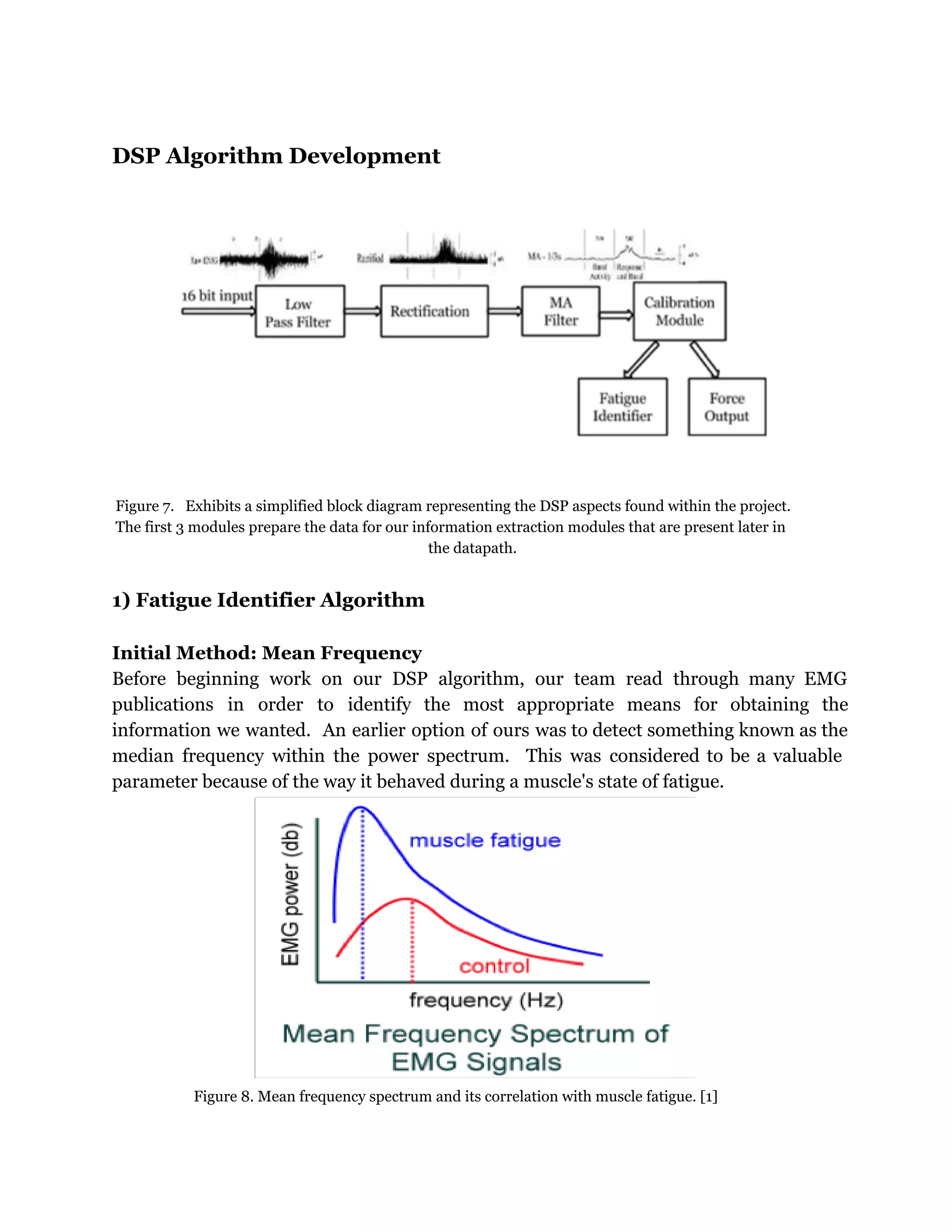 DSP Algorithm Development
Figure 7. Exhibits a simplified block diagram representing the DSP aspects found within the project.
The first 3 modules prepare the data for our information extraction modules that are present later in
the datapath.
1) Fatigue Identifier Algorithm
Initial Method: Mean Frequency
Before beginning work on our DSP algorithm, our team read through many EMG
publications in order to identify the most appropriate means for obtaining the
information we wanted. An earlier option of ours was to detect something known as the
median frequency within the power spectrum. This was considered to be a valuable
parameter because of the way it behaved during a muscle's state of fatigue.
Figure 8. Mean frequency spectrum and its correlation with muscle fatigue. [1]
 
 