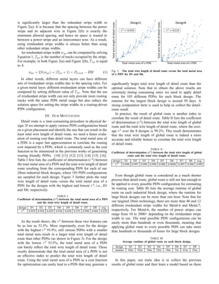 is signiﬁcantly larger than the redundant stripe width in
Figure 2(a). It is because that the spacing between the power
stripe and its adjacent wire in Figure 2(b) is exactly the
minimum allowed spacing, and hence no space is wasted in
between a power stripe and an interconnect wire. As a result,
using irredundant stripe widths is always better than using
other redundant stripe widths.
An irredundant stripe width wps can be computed by solving
Equation 1, Tps is the number of tracks occupied by the stripe.
For example, in both Figure 2(a) and Figure 2(b), Tps is equal
to 4.
wps + 2S(wps) = (Tps + 1) × Ptrack − RW (1)
In other words, different metal layers can have different
sets of irredundant stripe widths due to the spacing rules. For
a given metal layer, different irredundant stripe widths can be
computed by setting different value of Tps. Note that the use
of irredundant stripe width can not only provide more routing
tracks with the same PDN metal usage but also reduce the
solution space for setting the stripe widths in a routing-driven
PDN conﬁguration.
III. OUR MOTIVATION
Detail route is a time-consuming procedure in physical de-
sign. If we attempt to apply various PDN conﬁgurations based
on a given placement and identify the one that can result in the
least total wire length of detail route, we need a faster evalu-
ation of routing cost than detail route. The total metal area of
a PDN is a super fast approximation to correlate the routing
cost imposed by a PDN, which is commonly used as the cost
function to be minimized in the previous works of generating
routing friendly PDNs [10] [11] [12] [13] [14] [15] [16].
Table I ﬁrst lists the coefﬁcient of determination (r2
) between
the total metal area of a PDN and the total wire length of detail
route resulting from the corresponding PDN for each of our
28nm industrial block designs, where 105 PDN conﬁgurations
are sampled for each design. Figure 3 further plots the total
wire length of detail route versus the total metal area of a
PDN for the designs with the highest and lowest r2
, i.e., D1
and D6, respectively.
TABLE I
Coefﬁcient of determination (r2) between the total metal area of a PDN
and the total wire length of detail route.
design D1 D2 D3 D4 D5 D6 D7 D8 avg.
r2 0.939 0.928 0.829 0.926 0.650 0.535 0.896 0.868 0.829
As the result shows, the r2
between these two features can
be as low as 53.5%. More importantly, even for the design
with the highest r2
93.9%, still various PDNs with a smaller
total metal area result in a larger total wire length of detail
route than other PDNs (as shown in Figure 3). For the design
with the lowest r2
53.5%, the total metal area of a PDN
can barely reﬂect the total wire length of detail route. These
results demonstrate that the total metal area of a PDN is not
an effective index to predict the total wire length of detail
route. Using the total metal area of a PDN as a cost function
for optimization can easily lead to a PDN that may generate a
ĞƐŝŐŶϲĞƐŝŐŶϭ
‫ݎ‬ଶ
ൌ 0.939
dŽƚĂů ŵĞƚĂů ĂƌĞĂ ŽĨ Ă WE dŽƚĂů ŵĞƚĂů ĂƌĞĂ ŽĨ Ă WE
dŽƚĂůǁŝƌĞůĞŶŐƚŚŽĨĚĞƚĂŝůƌŽƵƚĞ
dŽƚĂůǁŝƌĞůĞŶŐƚŚŽĨĚĞƚĂŝůƌŽƵƚĞ
‫ݎ‬ଶ
ൌ 0.535
Fig. 3. The total wire length of detail route versus the total metal area
of a PDN for D1 and D6.
signiﬁcantly larger total wire length of detail route than the
optimal solution. Note that to obtain the above results are
extremely timing consuming since we need to apply detail
route for 105 different PDNs for each block design. The
runtime for the largest block design is around 50 days. A
strong computation farm is used to help us collect the detail-
route result.
In practice, the result of global route is another index to
correlate the result of detail route. Table II lists the coefﬁcient
of determination (r2
) between the total wire length of global
route and the total wire length of detail route, where the aver-
age r2
over the 8 designs is 99.2%. This result demonstrates
that the total wire length of global route is indeed a more
accurate and reliable feature to correlate the total wire length
of detail route.
TABLE II
Coefﬁcient of determination (r2) between the total wire length of global
route and the total wire length of detail route.
design D1 D2 D3 D4 D5 D6 D7 D8 avg.
r2 0.996 0.997 0.994 0.998 0.988 0.9690 0.997 0.996 0.992
Even though global route is considered as a much shorter
process than detail route, global route is still not fast enough to
be applied to every possible PDN conﬁguration for estimating
its routing cost. Table III lists the average runtime of global
route on each industrial block design, where the runtime for
large block designs can be more than one hour. Note that for
our targeted 28nm technology, there are more than 40 and 12
different irredundant stripe widths for Metal-6 and Metal-7,
respectively. For Metal-6, the number of power stripes can
range from 10 to 2000+ depending on the irredundant stripe
width in use. The total possible PDN conﬁgurations can be
easily more than hundreds or even thousands, meaning that
applying global route to every possible PDN can take more
than hundreds or thousands of hours for large block designs.
TABLE III
Average runtime of global route on each block design.
design D1 D2 D3 D4 D5 D6 D7 D8
runtime 44m 92m 36m 25m 18m 5m 61m 25m
In this paper, our main idea is to collect the previous
results of global route and then learn a model based on these
 