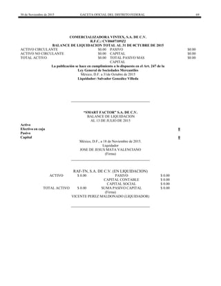 30 de Noviembre de 2015 GACETA OFICIAL DEL DISTRITO FEDERAL 69
COMERCIALIZADORA VINTEX, S.A. DE C.V.
R.F.C.: CVI0607109Z2
BALANCE DE LIQUIDACION TOTAL AL 31 DE 0CTUBRE DE 2015
ACTIVO CIRCULANTE $0.00 PASIVO $0.00
ACTIVO NO CIRCULANTE $0.00 CAPITAL $0.00
TOTAL ACTIVO $0.00 TOTAL PASIVO MAS
CAPITAL
$0.00
La publicación se hace en cumplimiento a lo dispuesto en el Art. 247 de la
Ley General de Sociedades Mercantiles
México, D.F. a 31de Octubre de 2015
Liquidador: Salvador González Villeda
“SMART FACTOR” S.A. DE C.V.
BALANCE DE LIQUIDACION
AL 13 DE JULIO DE 2015
Activo
Efectivo en caja 0
Pasivo
Capital 0
México, D.F., a 18 de Noviembre de 2015.
Liquidador
JOSE DE JESUS MATA VALENCIANO
(Firma)
RAF-TN, S.A. DE C.V. (EN LIQUIDACION)
ACTIVO $ 0.00 PASIVO $ 0.00
CAPITAL CONTABLE $ 0.00
CAPITAL SOCIAL $ 0.00
TOTAL ACTIVO $ 0.00 SUMA PASIVO CAPITAL $ 0.00
(Firma)
VICENTE PEREZ MALDONADO (LIQUIDADOR)
 