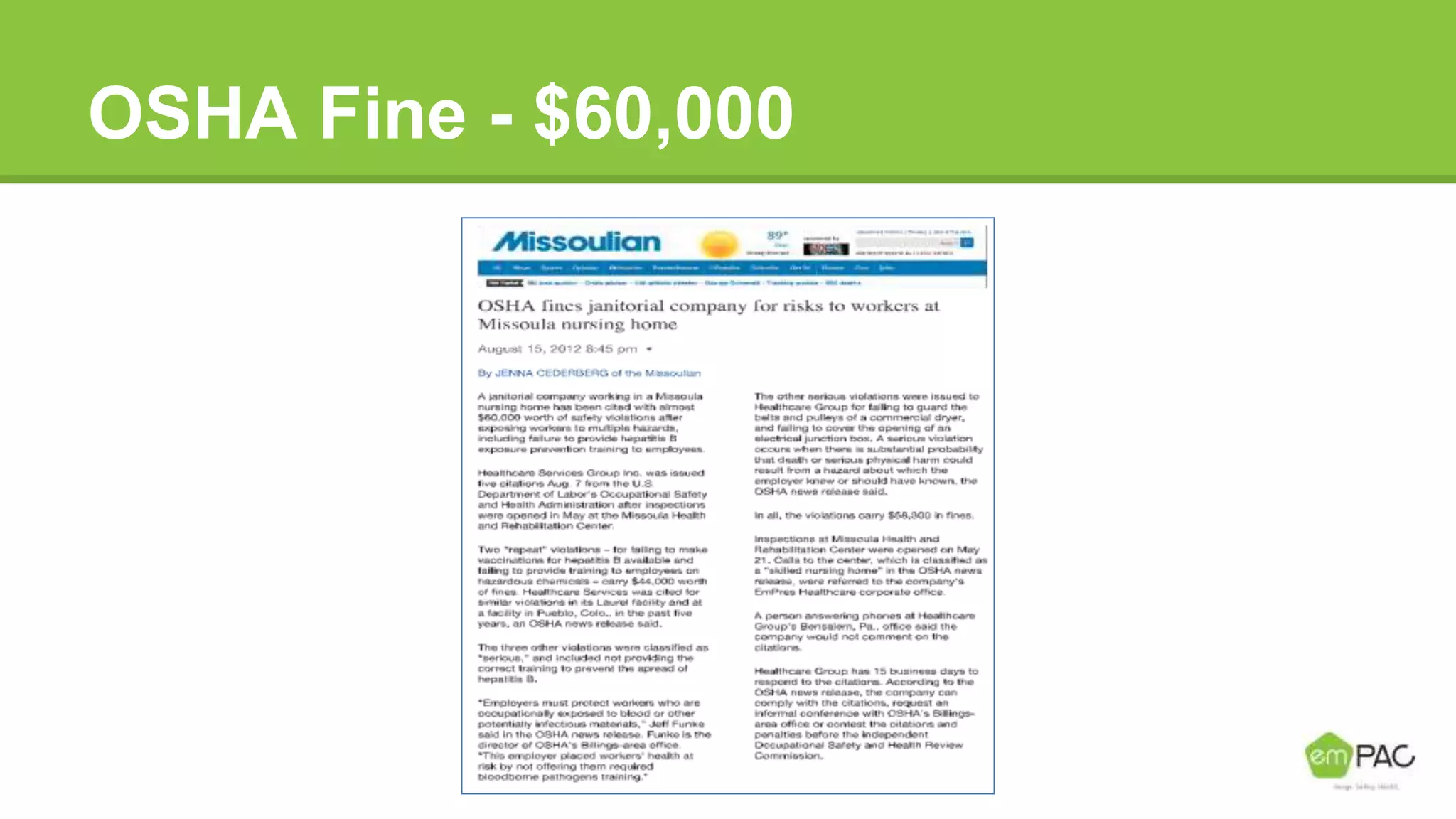 OSHA Fine - $60,000
 