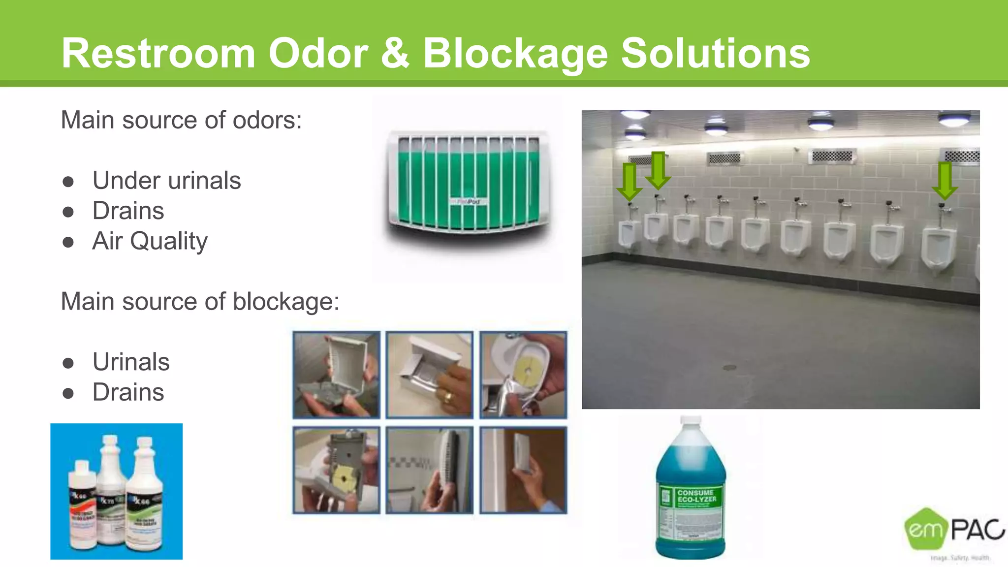 Restroom Odor & Blockage Solutions
Main source of odors:
● Under urinals
● Drains
● Air Quality
Main source of blockage:
● Urinals
● Drains
 