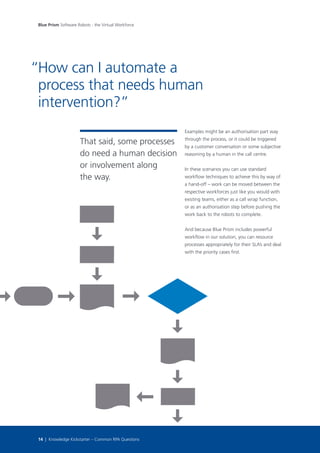 That said, some processes
do need a human decision
or involvement along
the way.
Examples might be an authorisation part way
through the process, or it could be triggered
by a customer conversation or some subjective
reasoning by a human in the call centre.
In these scenarios you can use standard
workflow techniques to achieve this by way of
a hand-off – work can be moved between the
respective workforces just like you would with
existing teams, either as a call wrap function,
or as an authorisation step before pushing the
work back to the robots to complete.
And because Blue Prism includes powerful
workflow in our solution, you can resource
processes appropriately for their SLA’s and deal
with the priority cases first.
How can I automate a
process that needs human
intervention?”
“
Blue Prism Software Robots - the Virtual Workforce
14 | Knowledge Kickstarter – Common RPA Questions
 