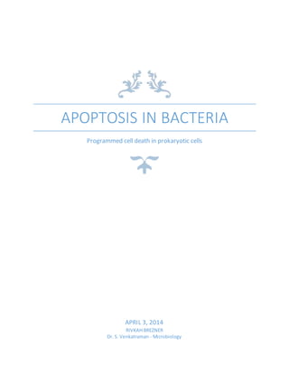 APOPTOSIS IN BACTERIA
Programmed cell death in prokaryotic cells
APRIL 3, 2014
RIVKAH BREZNER
Dr. S. Venkatraman - Microbiology
 