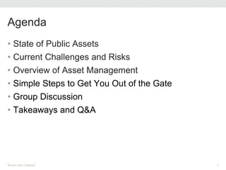 • State of Public Assets
• Current Challenges and Risks
• Overview of Asset Management
• Simple Steps to Get You Out of the Gate
• Group Discussion
• Takeaways and Q&A
Agenda
Brown and Caldwell 2
 